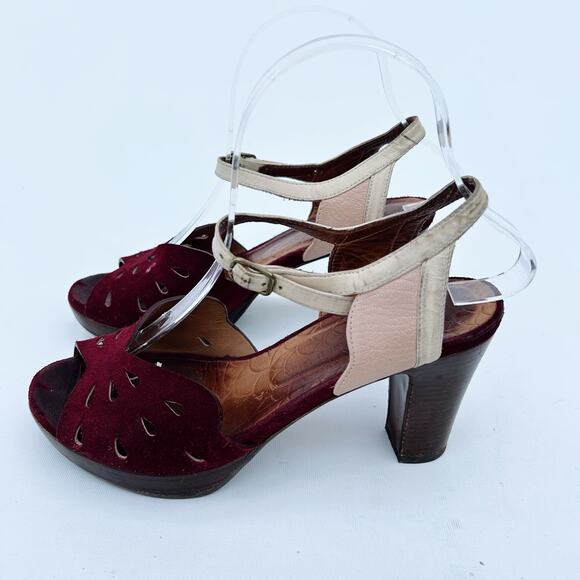 Chie Mihara Burgundy Red Suede Mod Heels 36 Chunky 6 Leather Pumps - Picture 4 of 11